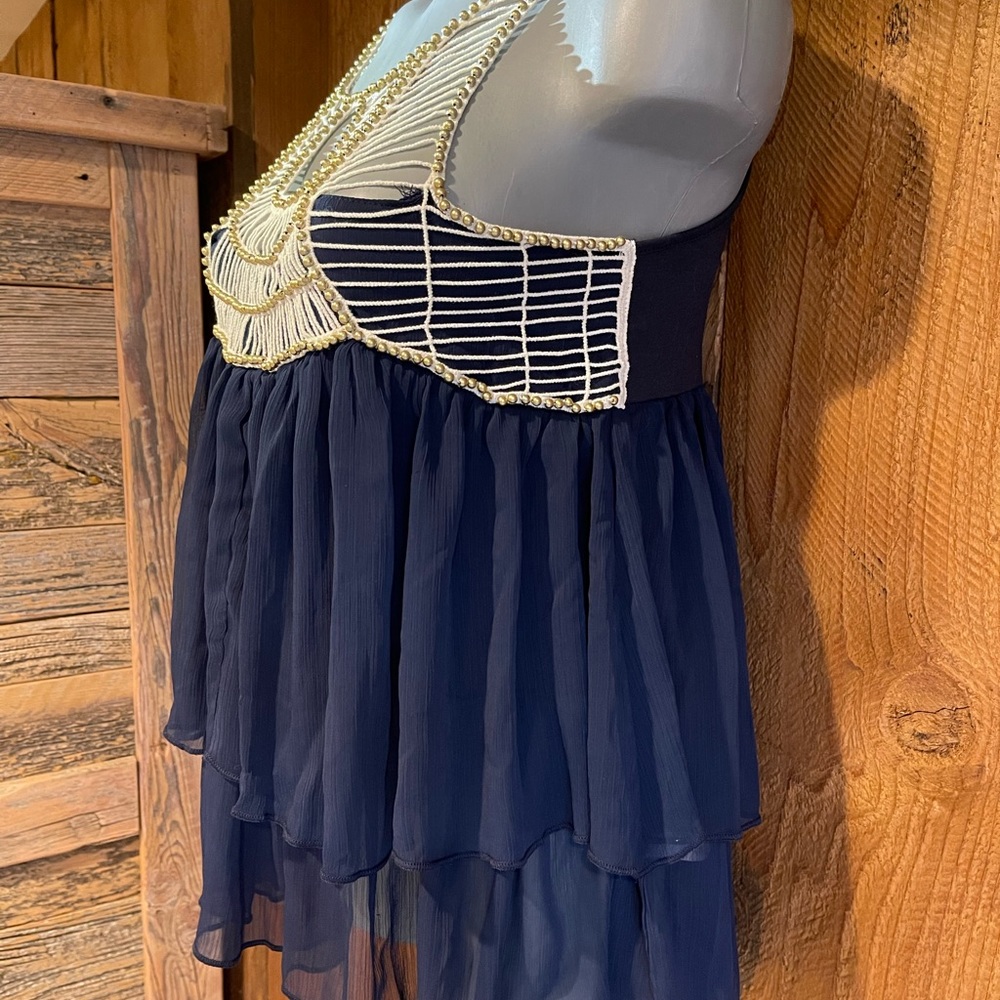 New BOSTON PROPER tunic tank top navy crochet and beads top notch bohemian SM MD - Picture 3 of 4